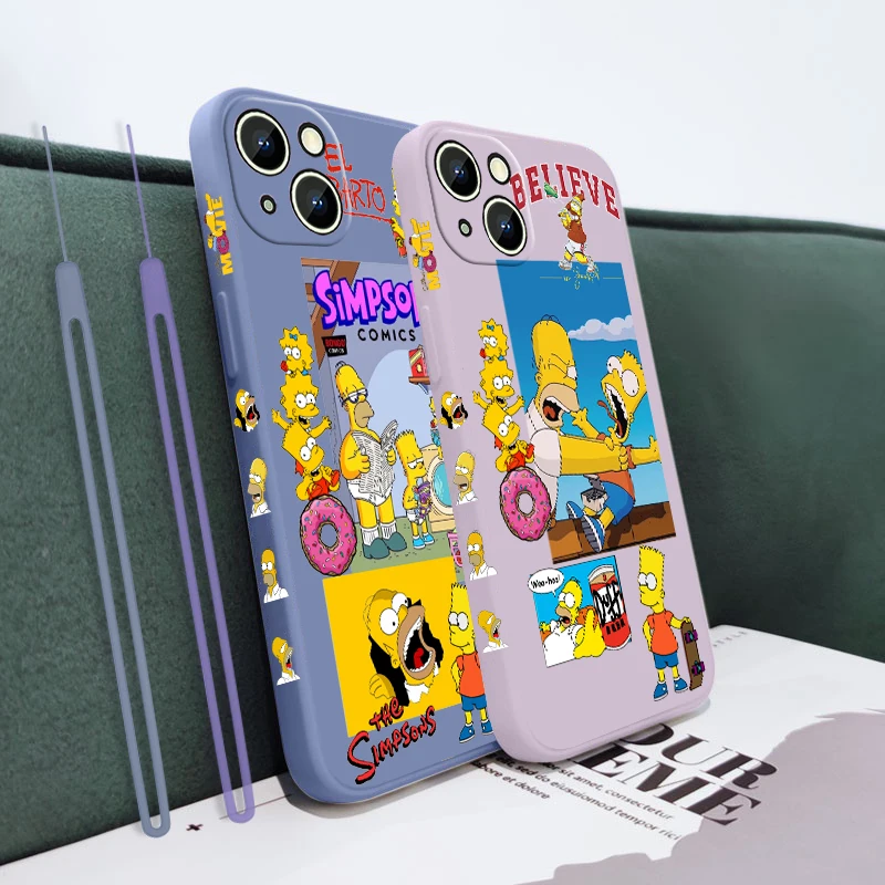 Disney Carton The Simpsons For Apple iPhone 14 13 12 11 Pro Max Plus XS XR X 8 7 SE Liquid Left Rope Phone Case Capa Cover