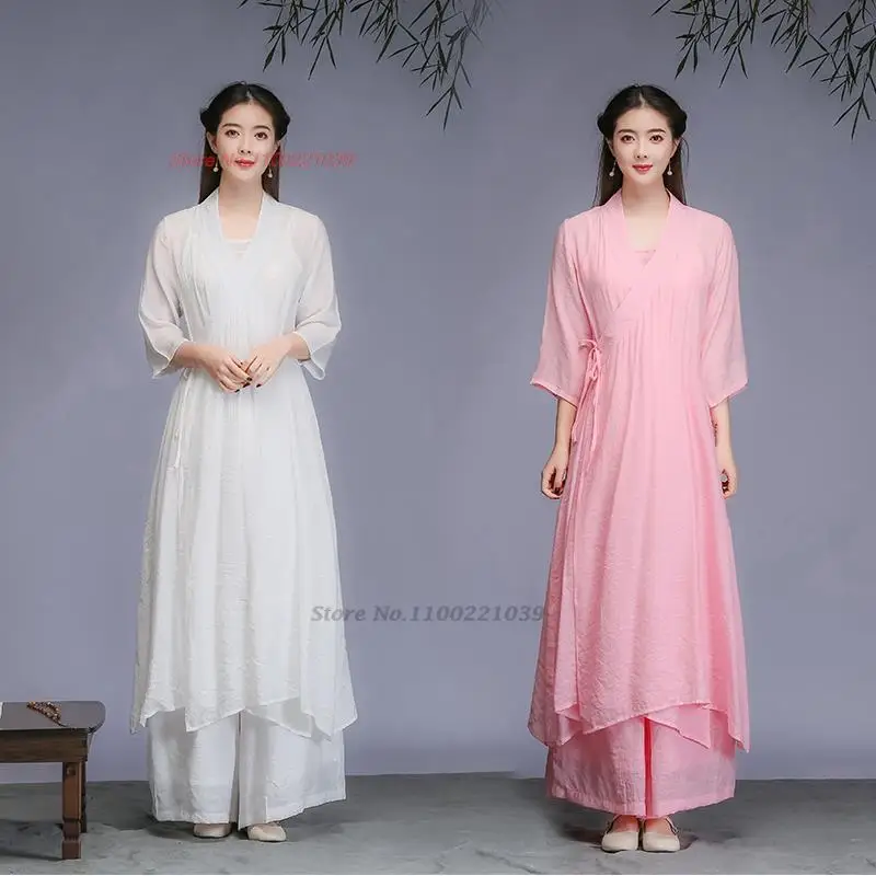 

2024 women chinese traditional hanfu tops+pants set vintage zen suit retro chiffon tea service hanfu set kungfu yoga uniform