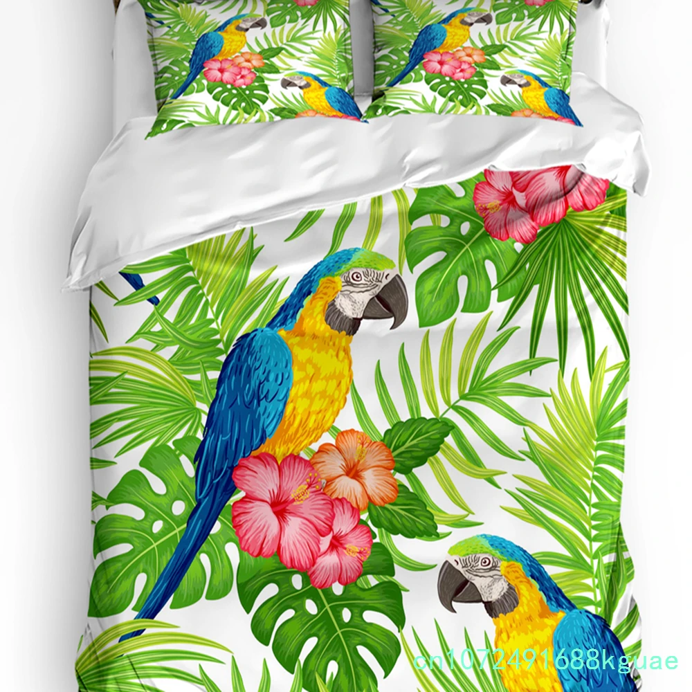 Parrot Flowers Green Tropical Plant Leaves 3pcs Bedding Set For Double Bed Home Textile Duvet Cover Quilt Cover Pillowcase