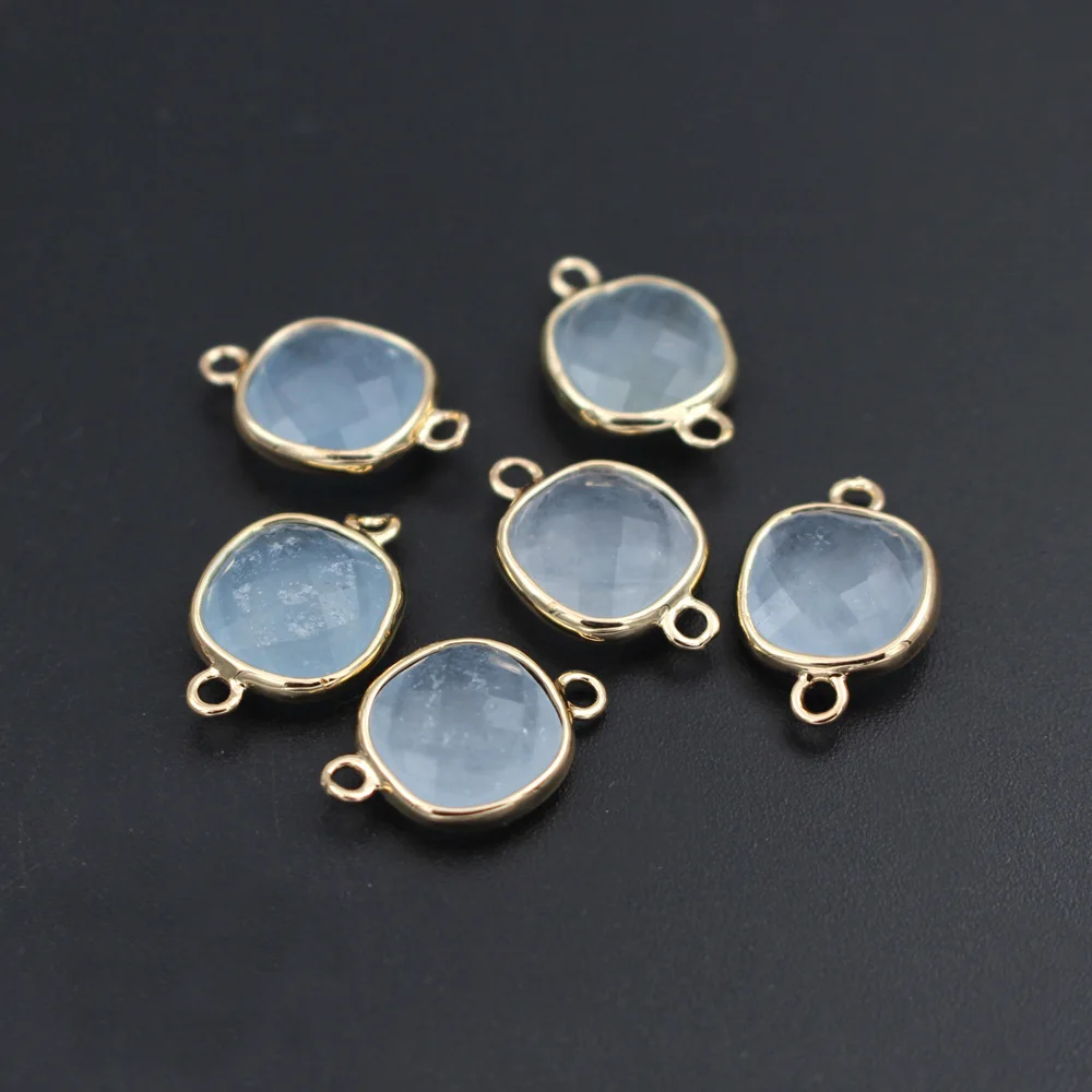 10pcs Light Blue Jade Stone Circle Square Pendant 2 Loops Connector Charms Jewelry Accessories Findings DIY Crafts