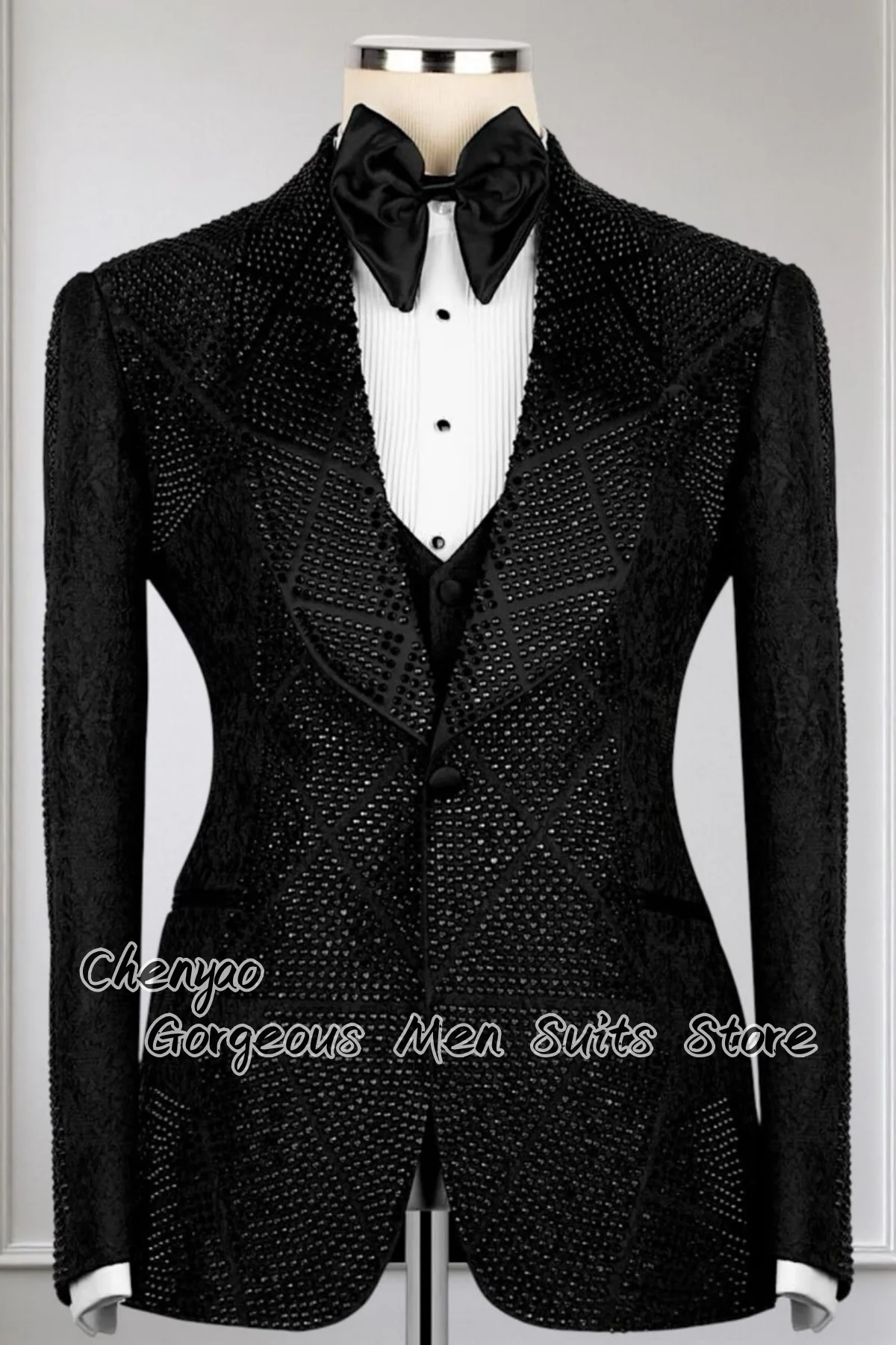 

Luxury Jacquard Diamond Customized Men Suits Groom Wedding Party Tuxedos Slim Fit Male Prom Blazers 3Pcs Sets pantalones hombre
