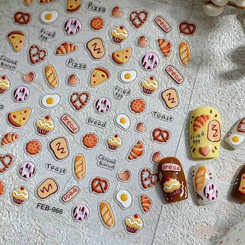 Embossing 3d Nail Art Sticker Biscuit Bread Seafood Decals For Nails Decoration Design Manicure Decor Material Supplies Tool