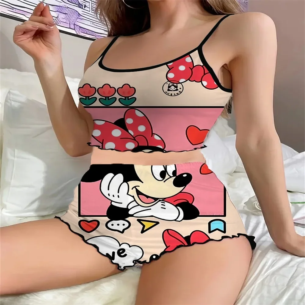 New Comfortable Women's Summer Pajama Sexy Fashion Female Suspender Sleepwear Two Pieces Set of Cartoon Pattern Print Nightwear