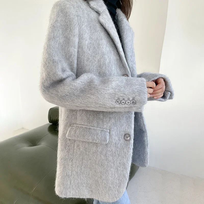 New White Grey Woolen Suiting Coat For Winter 2023 Warm Women\'s Casual Woolen Overcoat Jackets