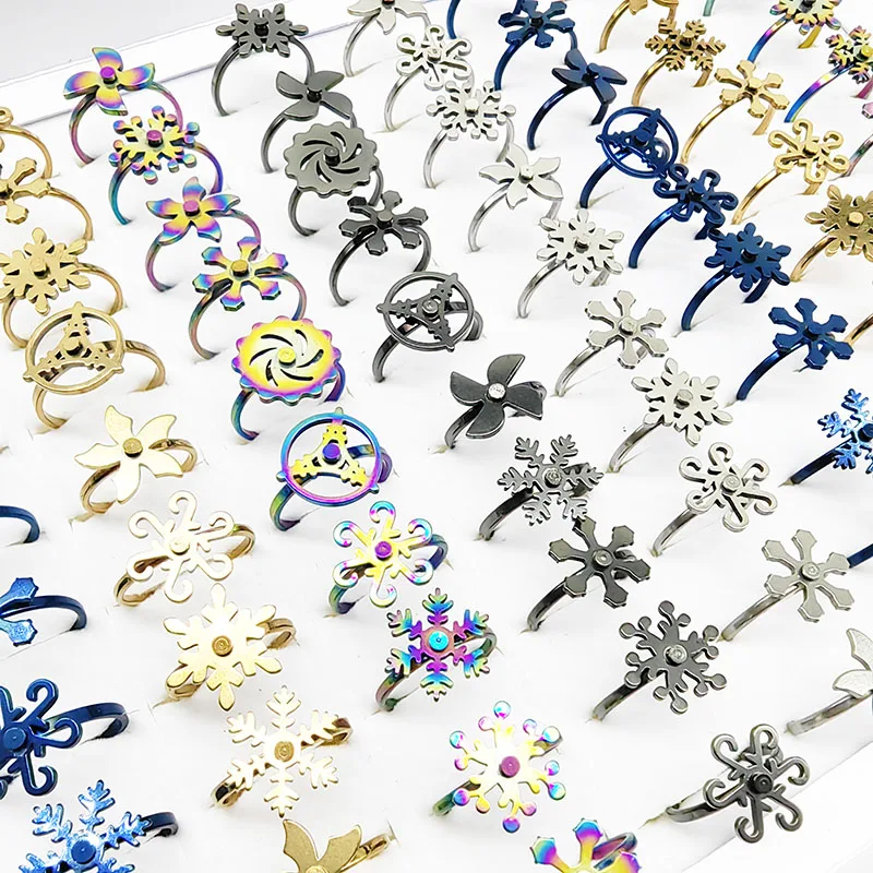 20pcs/Lot Wholesale New Style Rotate Stainless Steel Finger Rings For Women Windmill Snowflake Relief Anxiety Decompress Jewelry