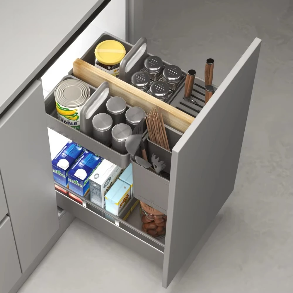 2-Tier Aluminum & Glass Multipurpose Kitchen Cabinets Storage Organizer Pull Out Spice Rack Basket Drawers