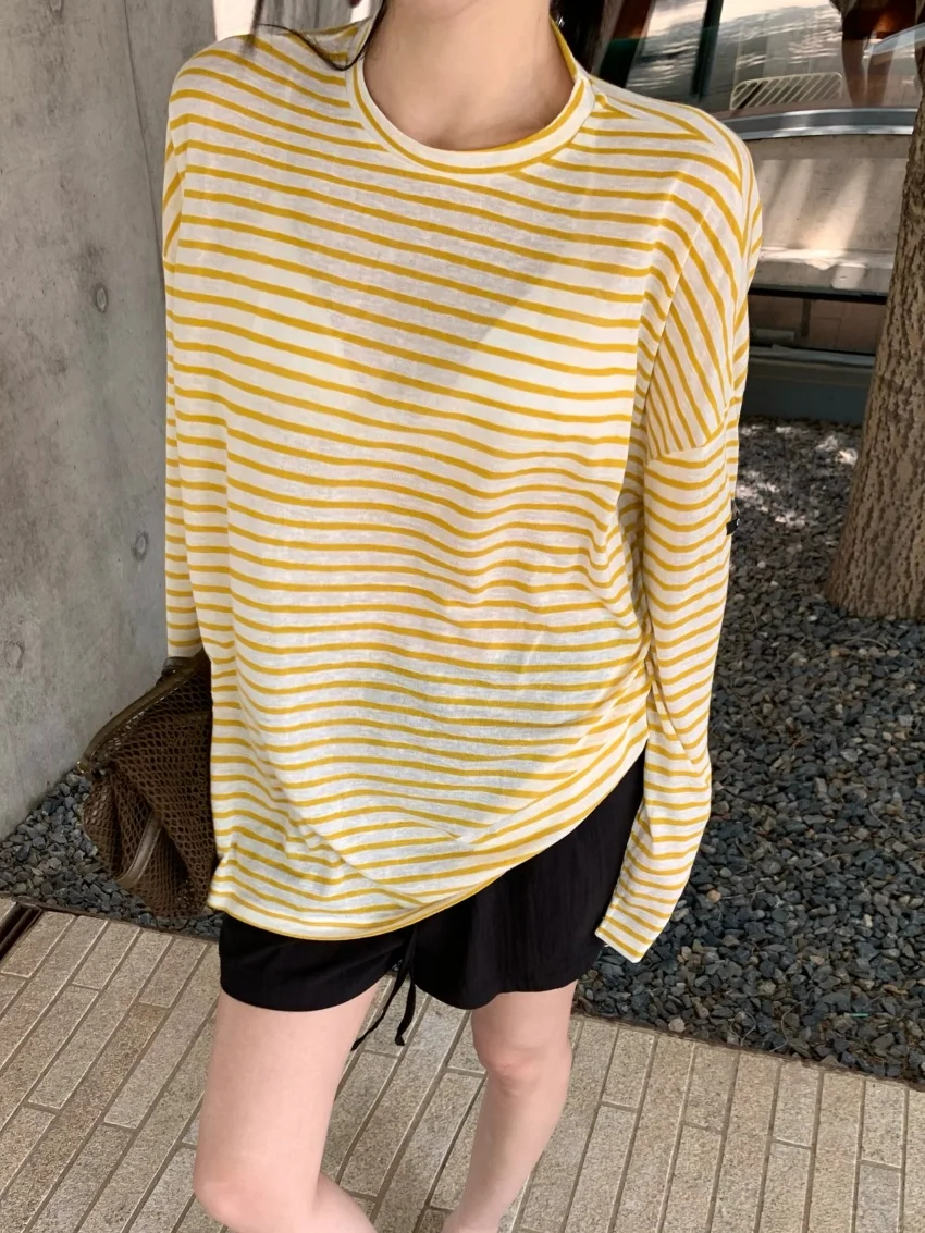 Alien Kitty Autumn Stripes T-Shirts Women Chic Loose New Sunscreen 2025 Daily OL Mujer Casual Outwear High Street Shorts Daily
