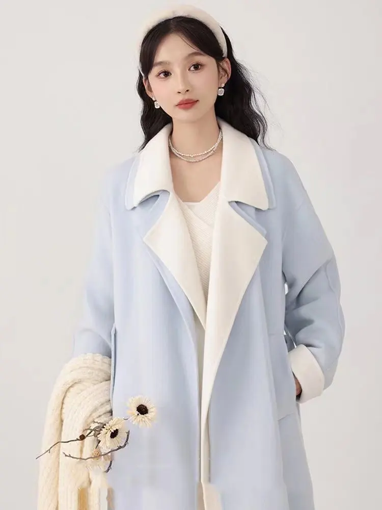 Korean Style Lazy Fashion Woolen Coat Women's Autumn Winter New Loose Sweater Outerwear Double Layer Collar Belted Long Sleeve