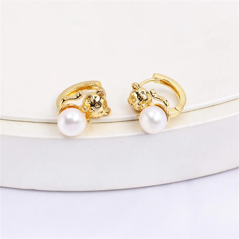 

Domestic 14k Gold Color Small Tiger Head Pearl Empty Support Stud Earrings DIY Accessories Simple Women