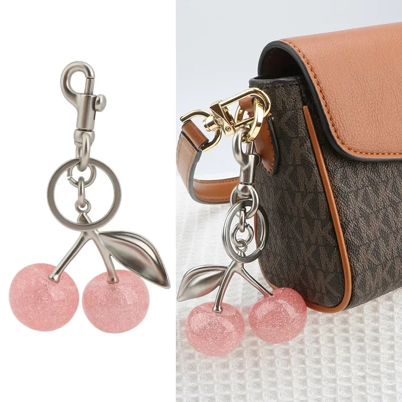 Sparkling Pink Crystal Cherry Charm Keychain For Coach Handbag Shoulder Bag Women\'s Cherry Keychain Attachment Part