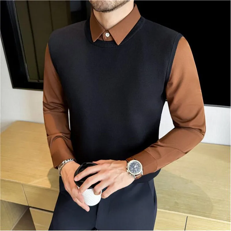 

High Quality Autumn Winter Men's Shirt Collar Spliced Knitted Sweater Fashion Fake 2 Pieces Slim Fit Warm Thick Social Sweaters