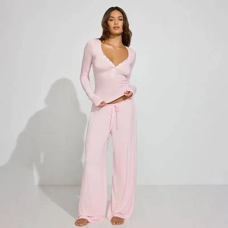 

Blifanbo Повседневный комплект с длинными брюками Комплект из двух предметов для женщин Осенний тонкий топ с v-образным вырезом и длинными рукавами на шнуровке Одинаковый комплект