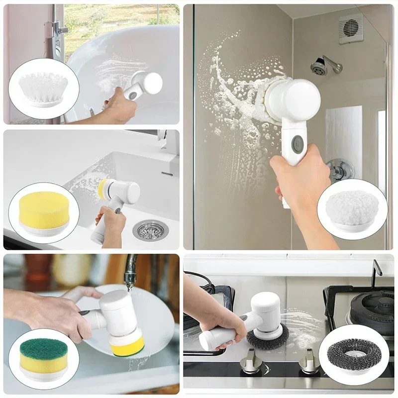 Electric Spin Scrubber Cordless Spin Scrubber with 5 Replaceable Brush Heads and Adjustable Extension Handle