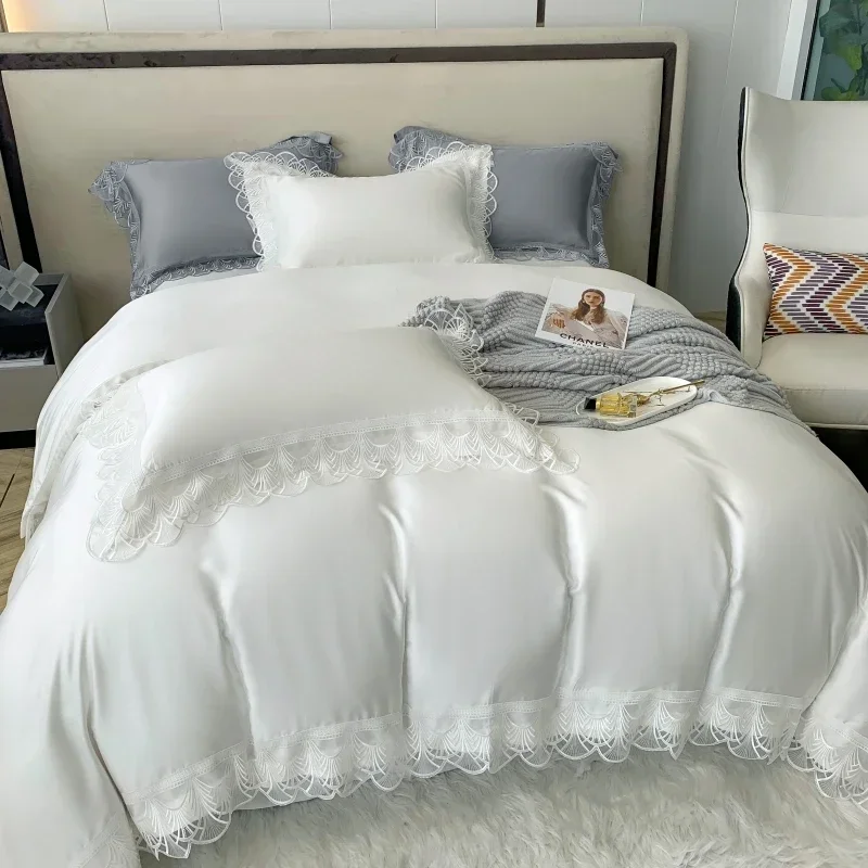 Natural Lyocell Fibre Soft Silky Pure Colour Princess Bedding Set White Lace Edge Smooth Duvet Cover Set Bed Sheet Pillowcases