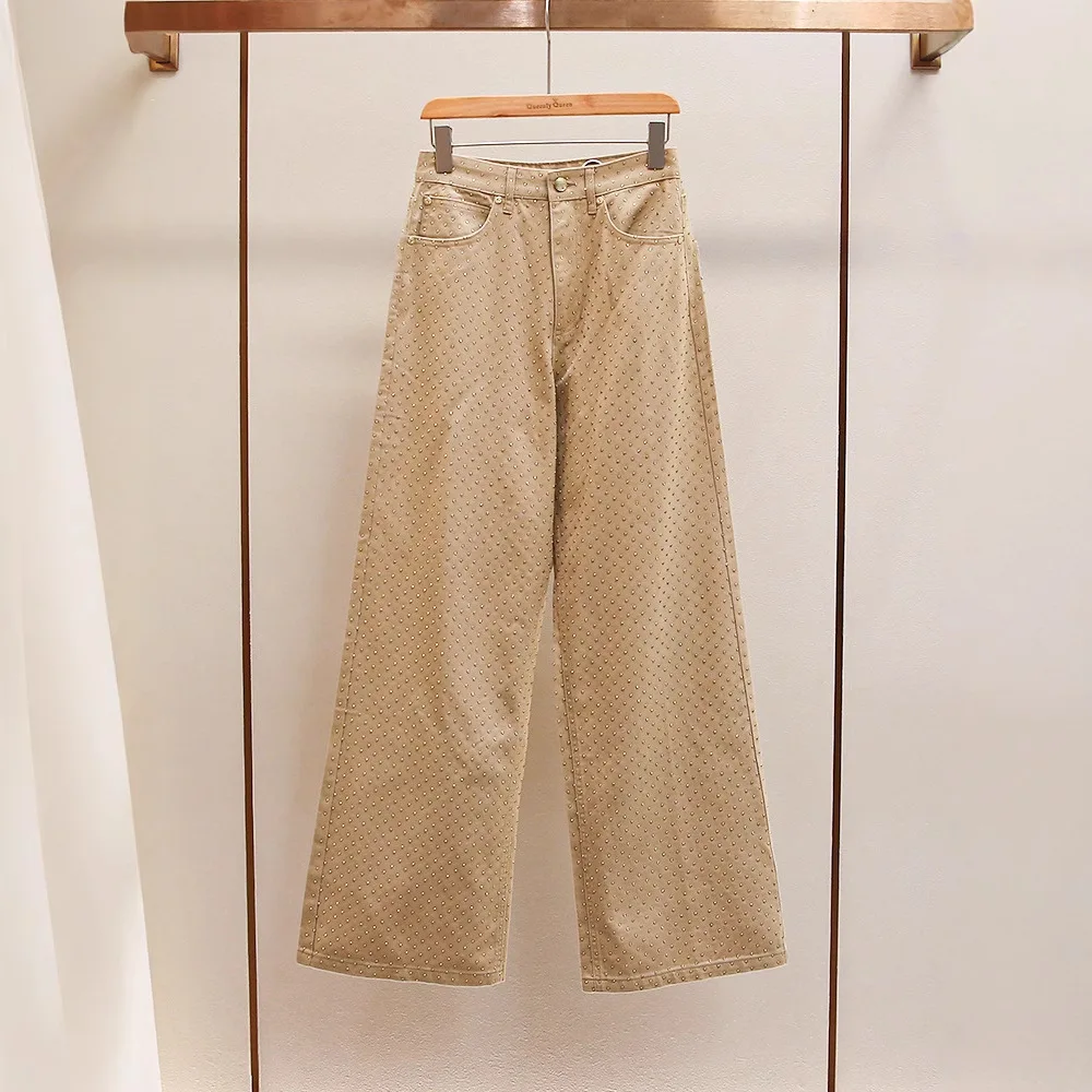 

Spring New Sle Women's High Waist Straight Leg Long Jeans Faion Casual Heavy Rhinestone Loose Fit Slimming Denim Pants