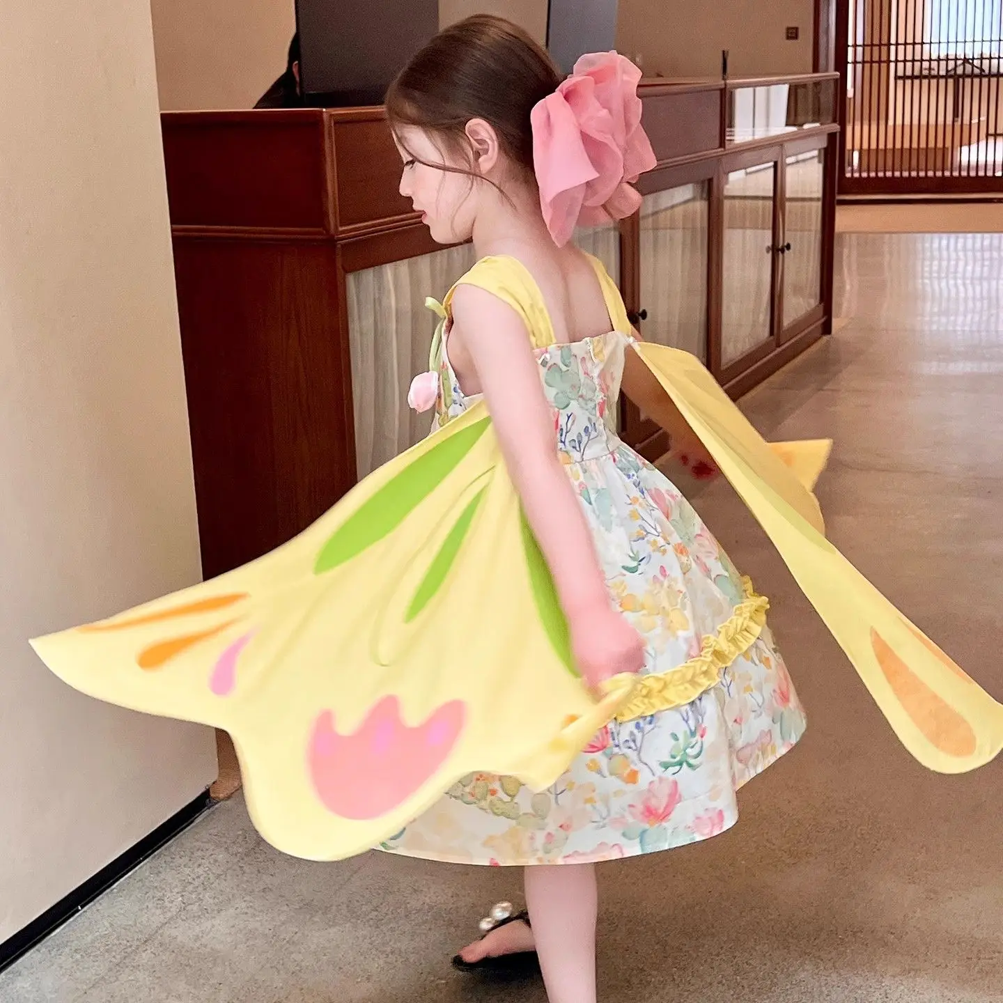 Girls Dress 2026 Spring and Summer New Childrens Clothes Girls Baby Pastoral Butterfly Wings Princess Floral Sundress