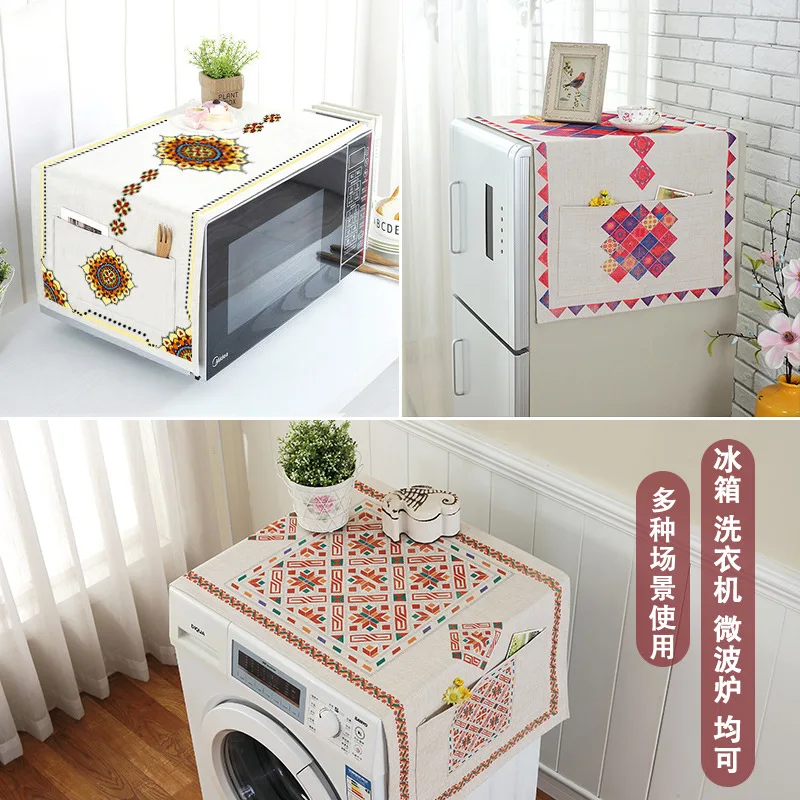 Cross-Border Ethnic Style Linen Washing Machine Cover Towel Refrigerator Cover Microwave Towel Multi-Purpose Cover One Piece Dro