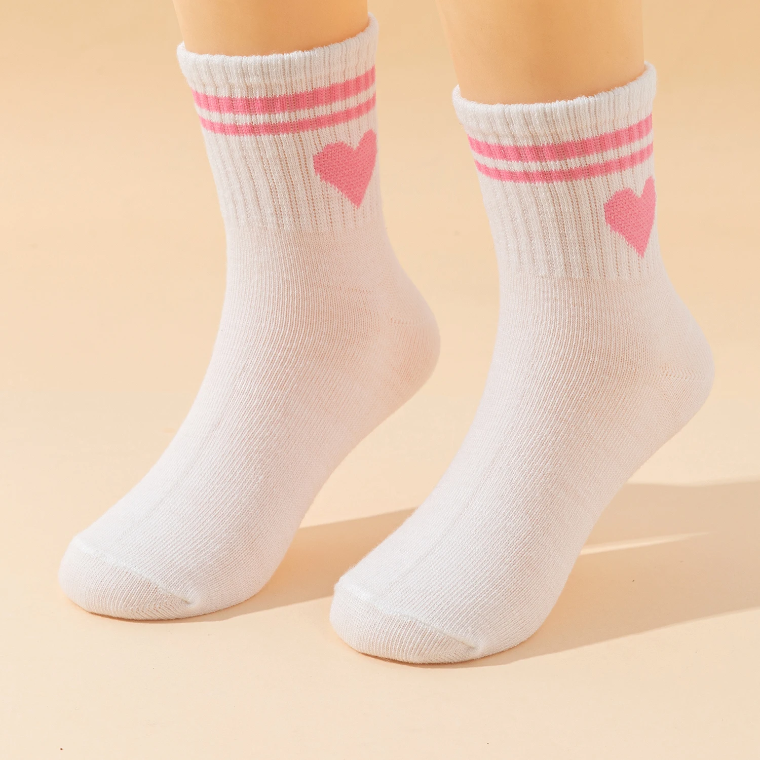 10 Pairs Kids Socks Heart Pattern Bar White Basic Sports Versatile Children's Footwear, Girls' School Socks view 6