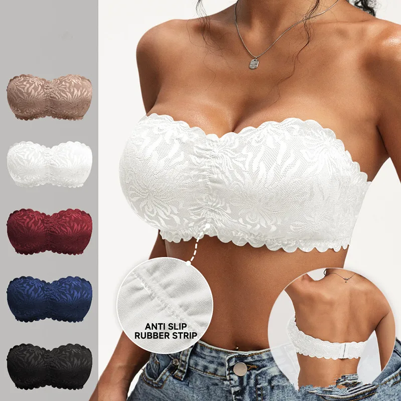 BKLD Women's Casual Daily Lace Wavy Edge Without Steel Ring Detachable Chest Cushion Back Opening Sexy Lingerie Tube Tops