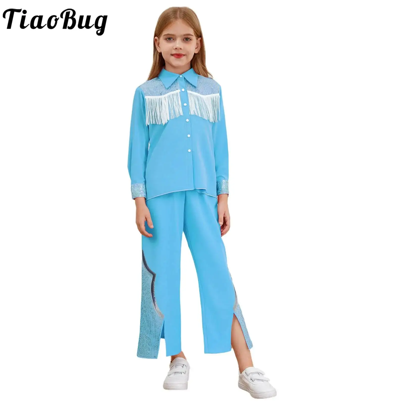 

Kids Girls 70s Hippie Western Cowgirl Costume Lapel Long Sleeves Sequins Fringe Shirt Bell Bottom Halloween Disco Party Dress Up