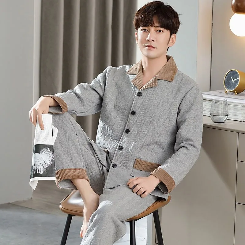 2023 Men's Pajamas Autumn Winter Pure Cotton Thickened Cotton Clip Large Size Loungewear Air Cotton Sandwich Homewear Suit Set