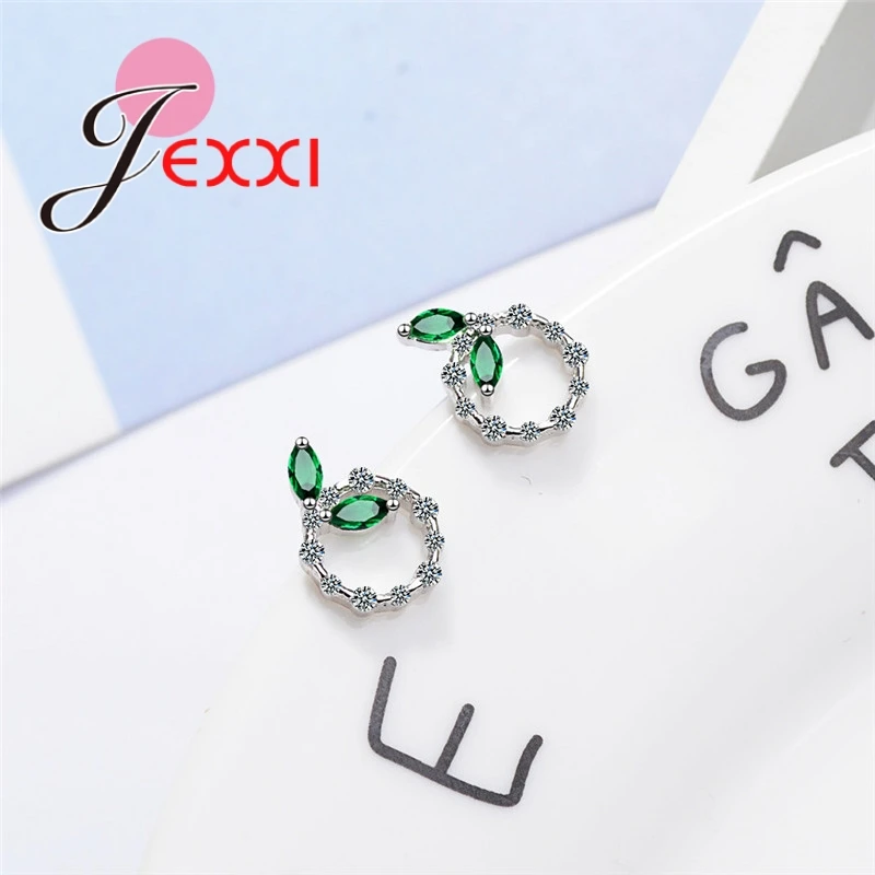 Elegant Green Leaf Round Engagement Wedding Anniversary 925 Sterling Silver Color Color Stud Earring For Women Girl Fashion J