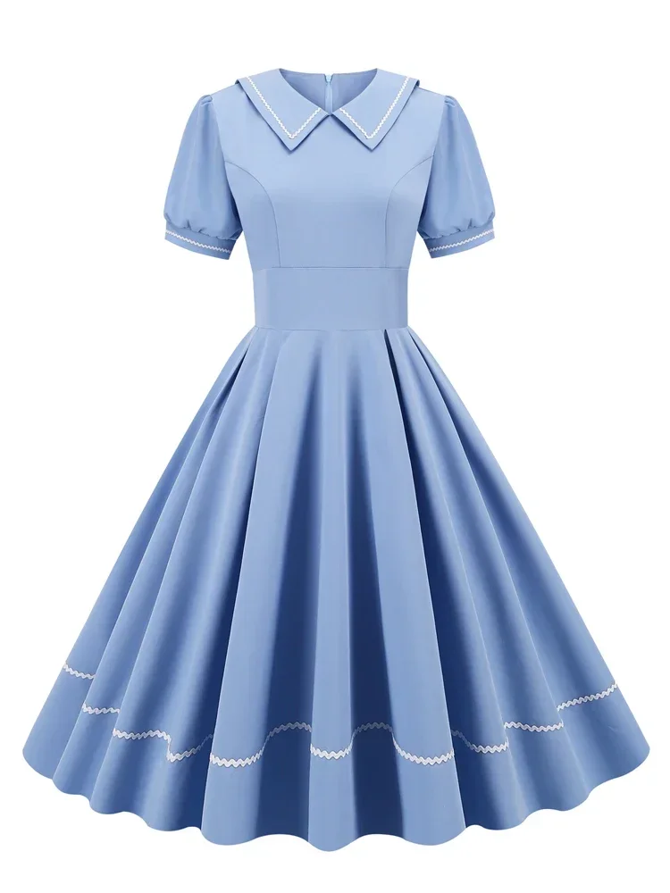 50s 60s Hepburn Style Short Sleeve Swing Retro Vintage Dress Light Blue Peter Pan Collar Robe Femme Women A Line Party Dresses