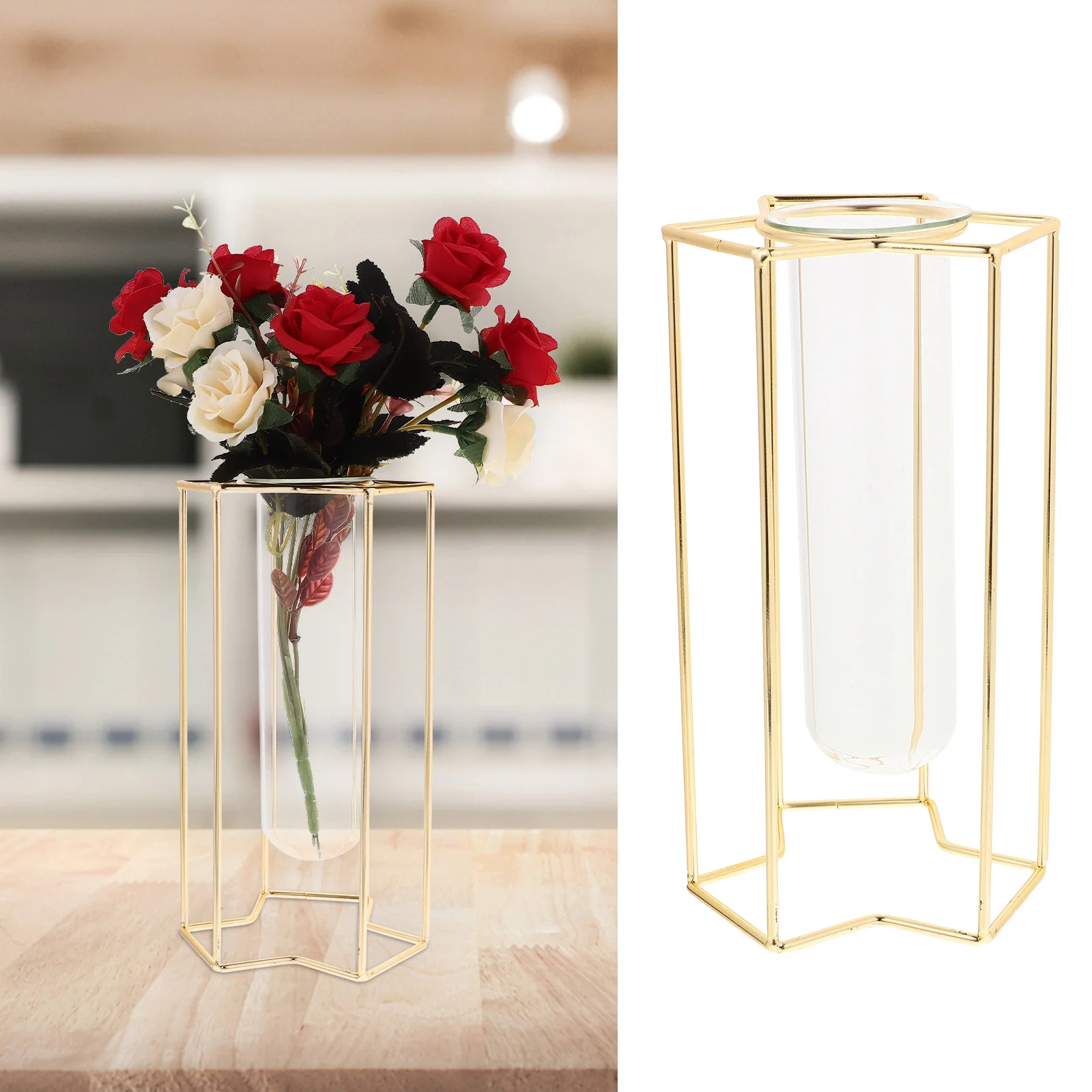

Artistic Vase Minimalist Glass Hydroponic Flower Tube Iron Stand Small Transparent Vase For Home Decor Office Plants Container