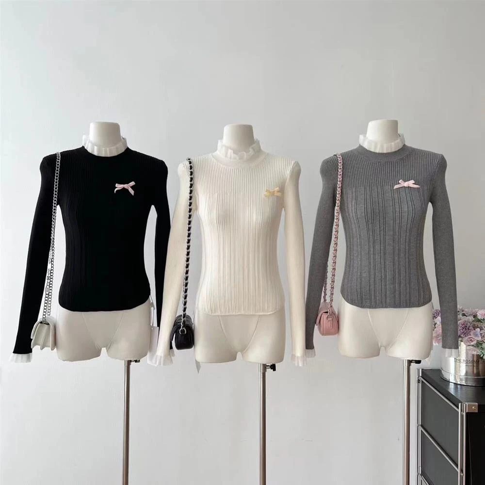 เสื้อสเวตเตอร์ถักแบบสวมหัวผูกโบว์แนวย้อนยุคสำหรับผู้หญิงเสื้อผ้าแฟชั่นสตรีทรงสลิมฟิต cewek seksi หวานสำหรับฤดูใบไม้ร่วง/ฤดูหนาว