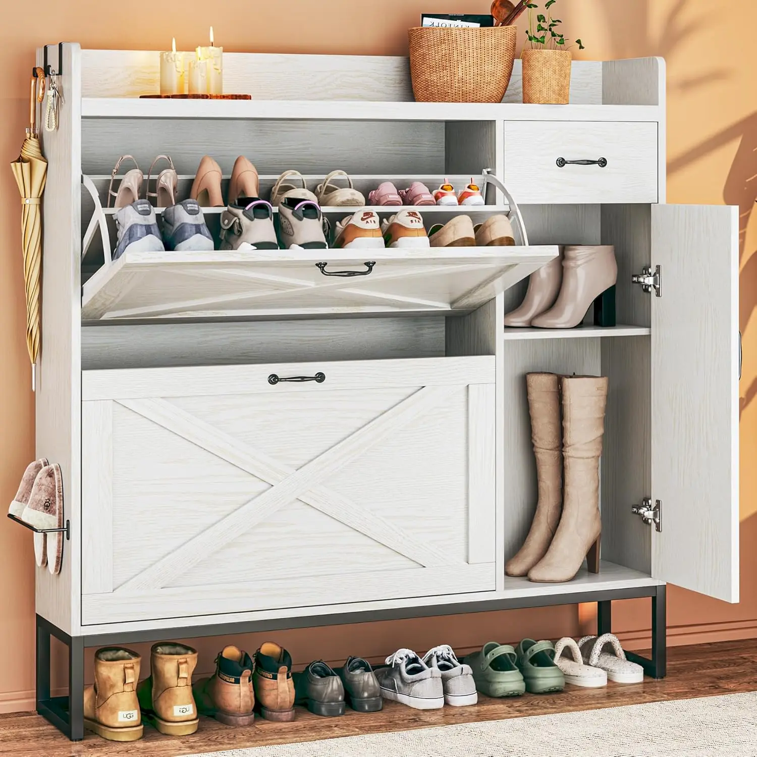 Shoe Cabinet with 2 Flip Drawers & Side Cabinet, Shoes Cabinet with Adjustable Shelves, Shoe Storage Cabinet with Drawer