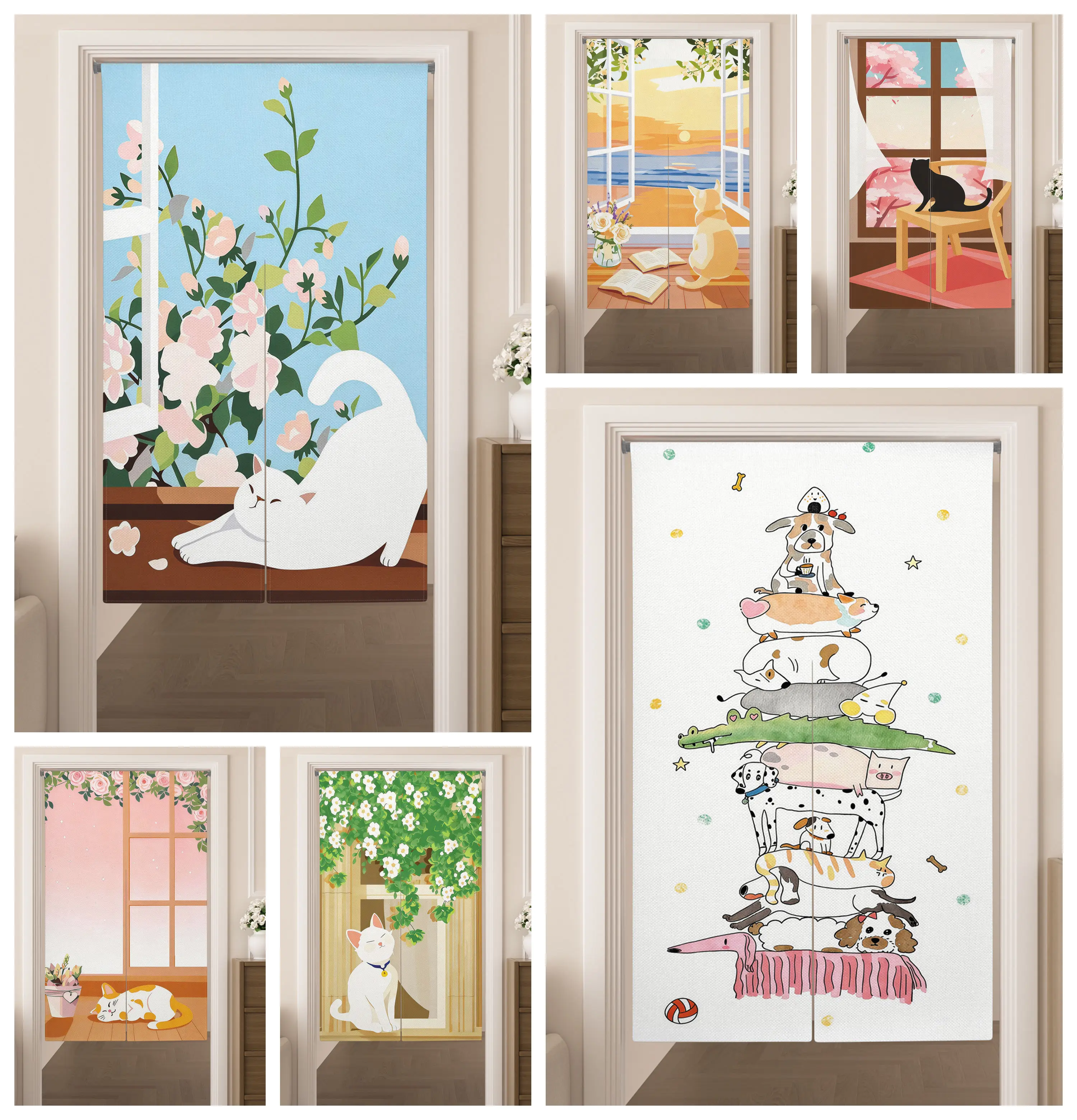 Fresh Cat Noren Door Curtains Modern Healing Indoor Decor Dining Room Entrance Curtains Kitchen Living Room Partition Curtains