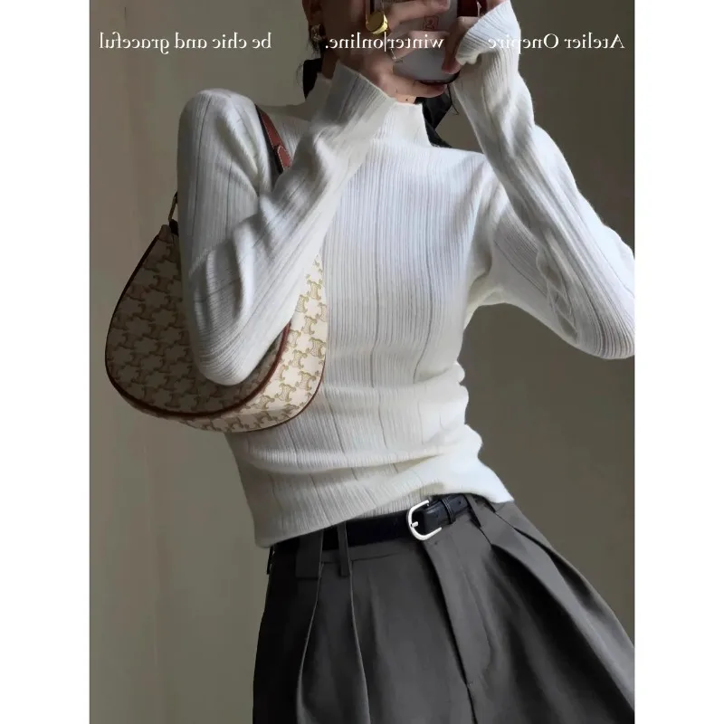 Women Chic Half Turtleneck Knit Top Autumn Winter Elastic Slim Fit Soft Texture Long Sleeve Inner Outer Wear Shirt