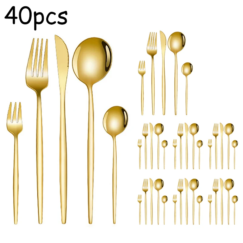 

40-piece luxury gold stainless steel tableware set, including knife, fork, spoon, tea fork and tea spoon.