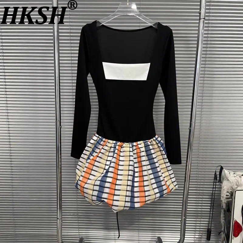

HKSH 2026 Spring New Women Dress Long Sleeve Two-Way Drawstring Patchwork Color Block Waist Cinching Elegant Ins Dresses HK18968