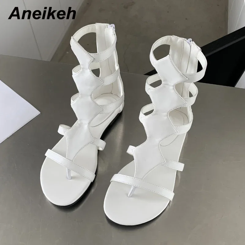 Aneikeh Women\'s Shoes 2026 New Rome Fashion Thong Solid Flat with Sewing Leisure Sandal Striped Ankle-Wrap Hollow Out Classics