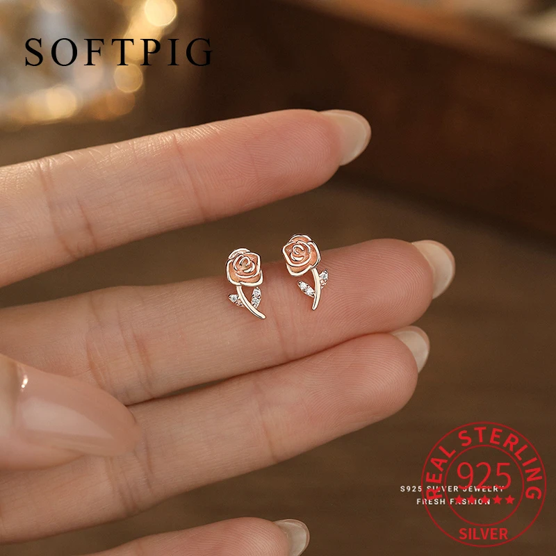 

SOFTPIG Real 925 Sterling Silver Zircon Flower Plant Mini Stud Earrings for Women Cute Fine Jewelry Light Luxury Accessories