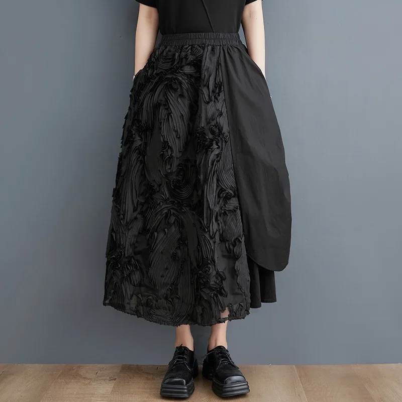 

Summer Black A-line Skirt Women Split Joint Midi Skirt Female Streetwear Hip Hop Irregular Skirts Womens Folds A-line