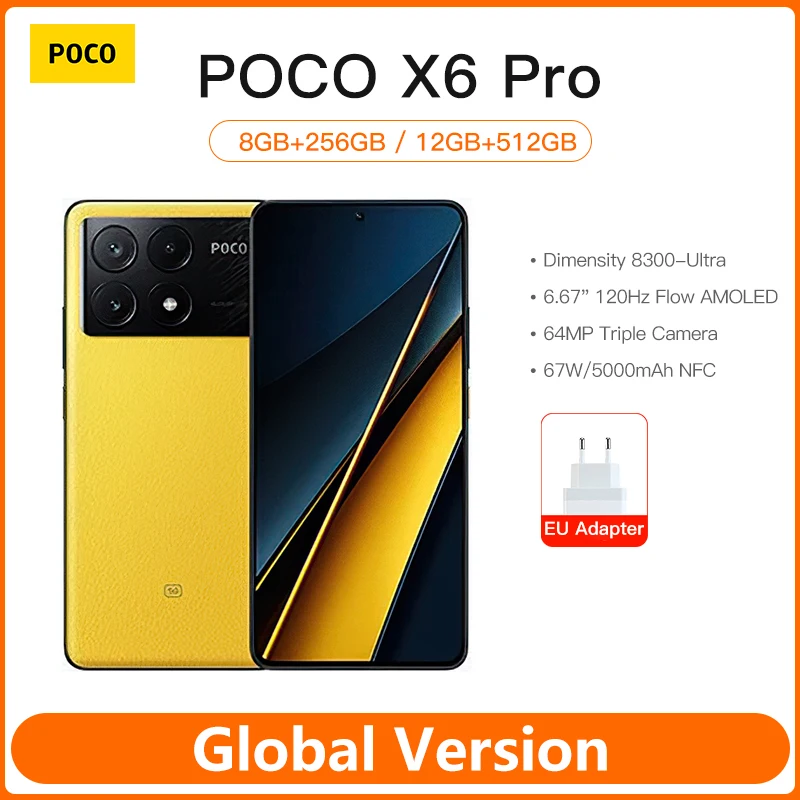 POCO X6 프로 5G 글로벌 버전 스마트폰, Dimensity 8300-Ultra 6.67 in 1.5K Flow AMOLED DotDisplay 64MP 67W NFC 67W 터보 충전