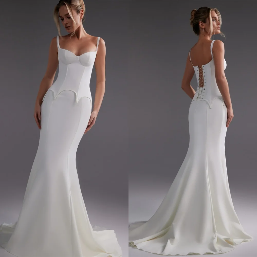 

Customized Mermaid Modern Jersey Wedding Dresses Exquisite Lace Up Back Dresses Heavy Industry Wedding Dresses White Gown