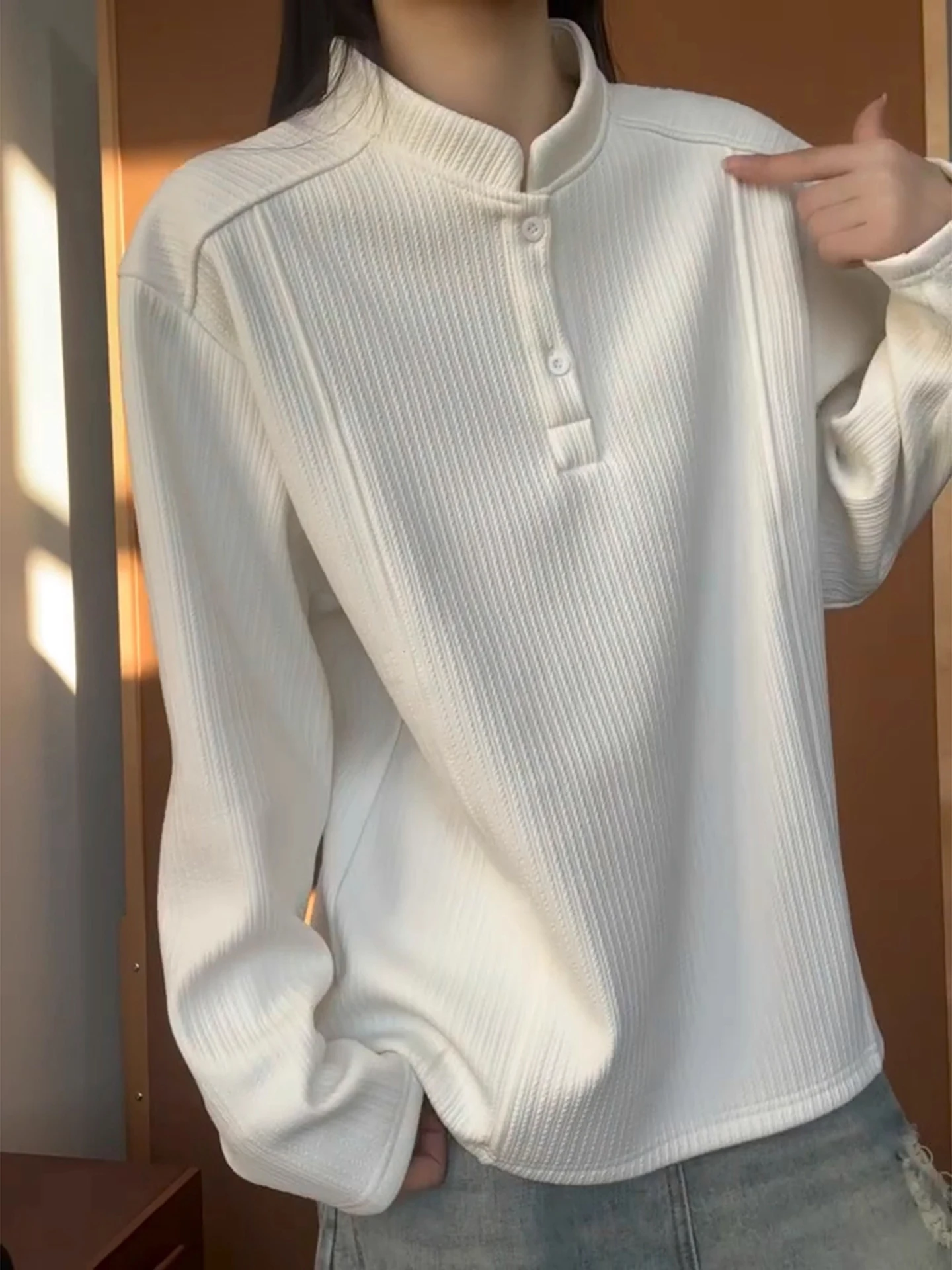 

Мужская футболка с длинным светом и воротником Генри с белой текстурой Fce Lined Thiened American Sle Sweatirt Base Layer irt