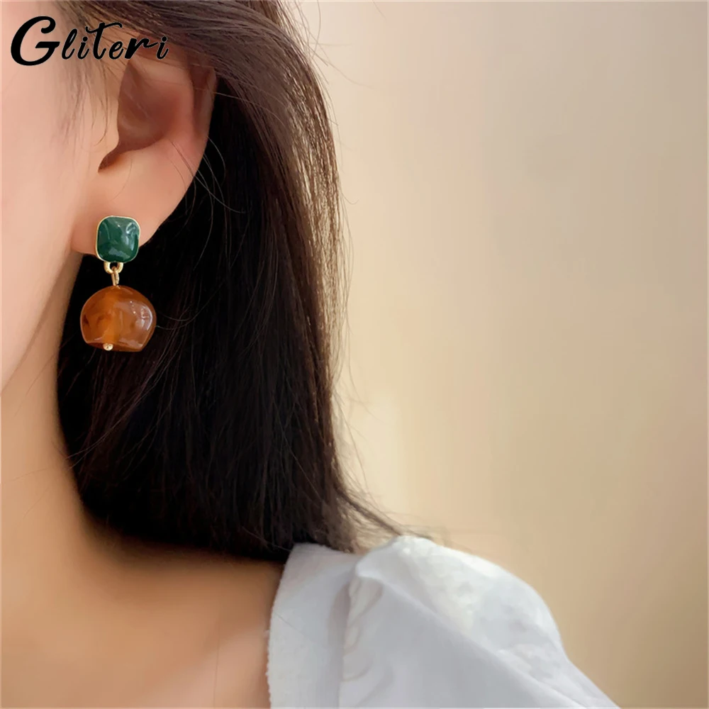 GEITERI Vintage Smudged Resin Earrings For Women Girls Brown Green Square Geometric Drop Earring Charm Jewelry Birthday Gifts