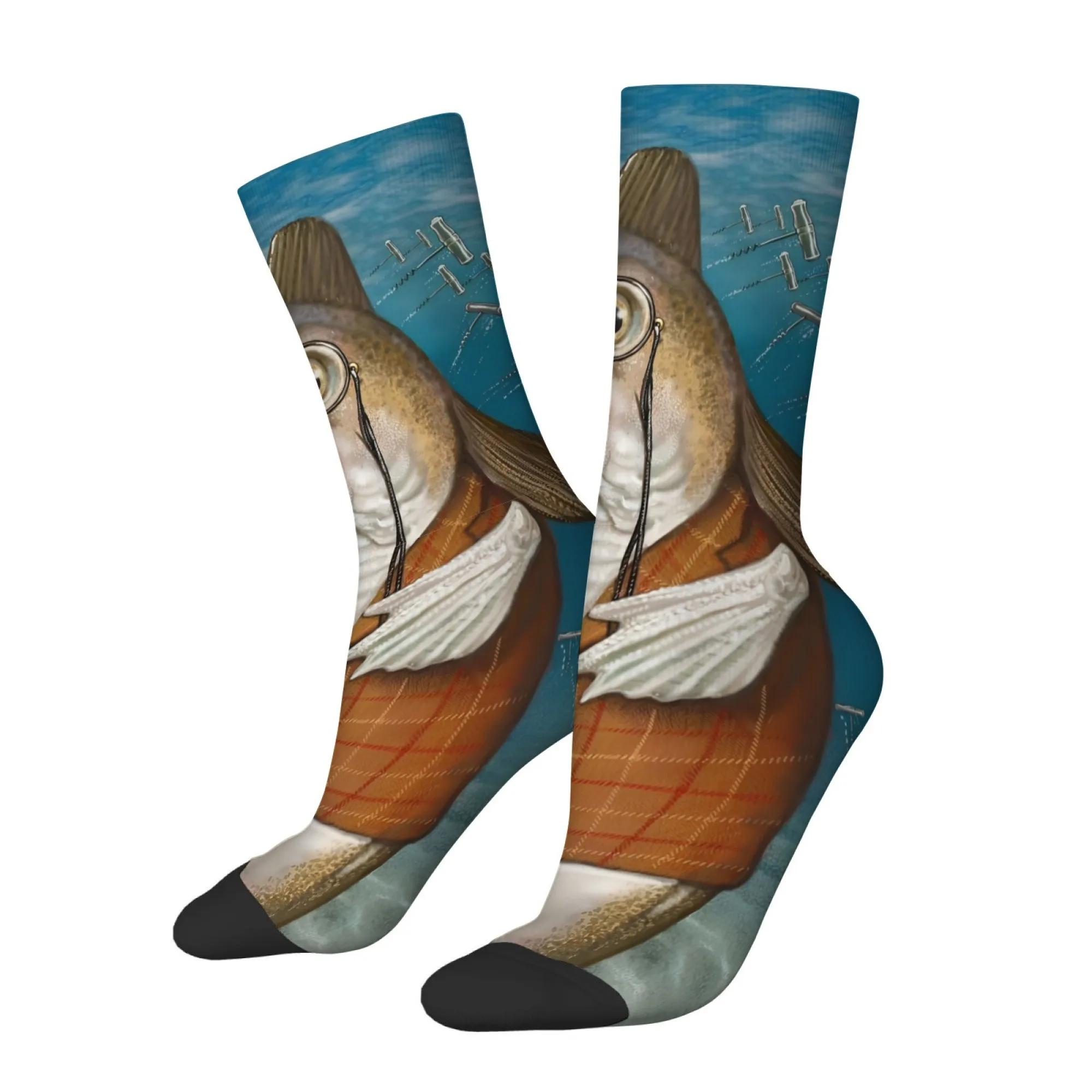 Funny and Quirky Fish Print Men's Socks Skin-friendly Breathable Soft Street Hip-hop Novel Fashionable Retro Cycling Socks