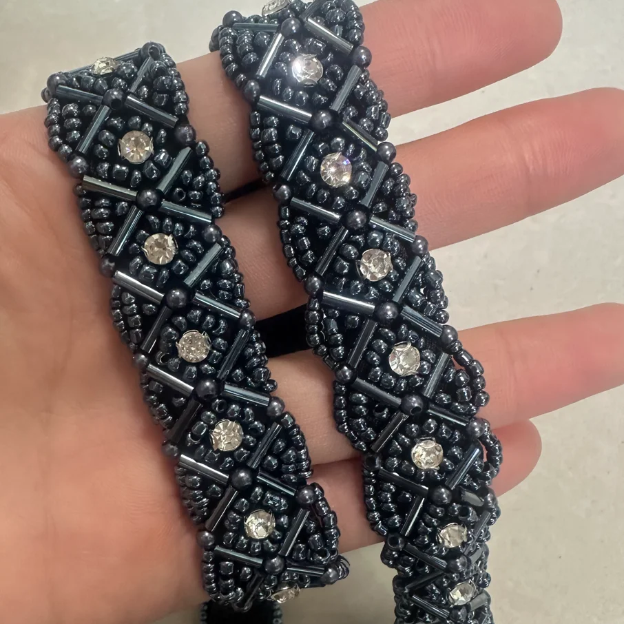 Crystal Mesh Fabric - 50cm White Navy Blue Beaded Lace