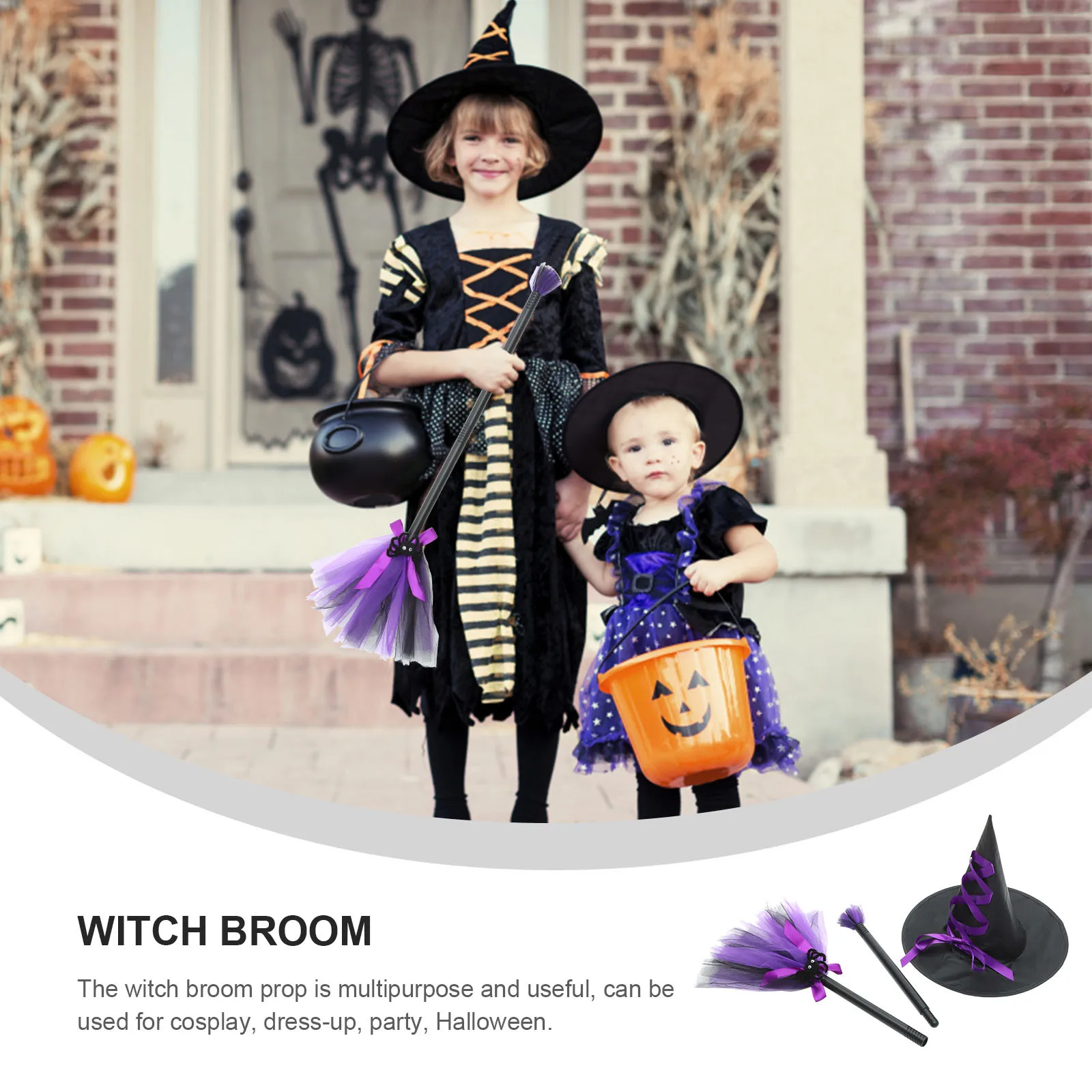 1Set Halloween Witch Hat Cosplay Set Decorative Witch Broom Prop Party Dress-Up Masquerade Gift Witches Broom Witches Hat