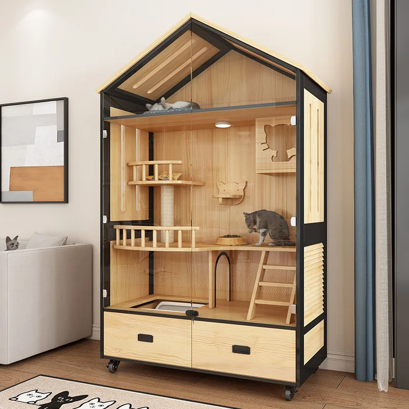 Cat House Penthouse apartment Cat Sands Basin with Toilet One Solid Wood Room Home Panorama Pet store Indoor Display Cabinet