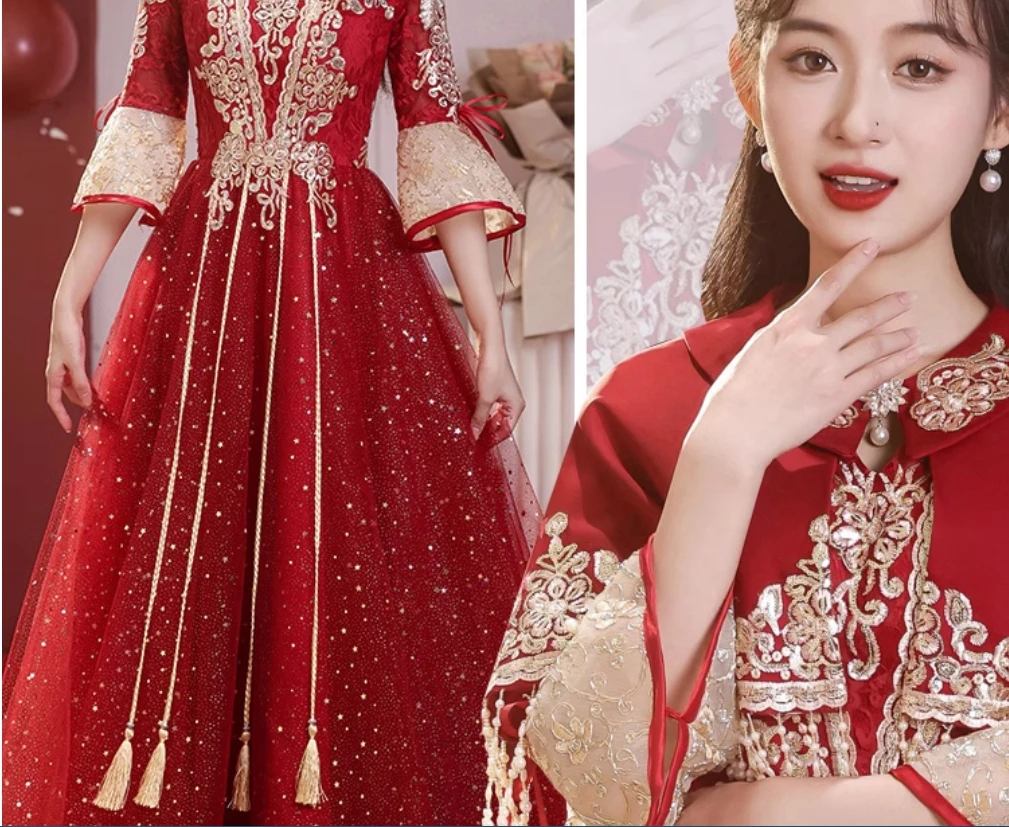 فستان توست للفتيات، العروس 2025 ربيع جديد الراقية فستان الزفاف الصيني بأكمام طويلة، فستان الزفاف، فستان Xiuhe الإناث