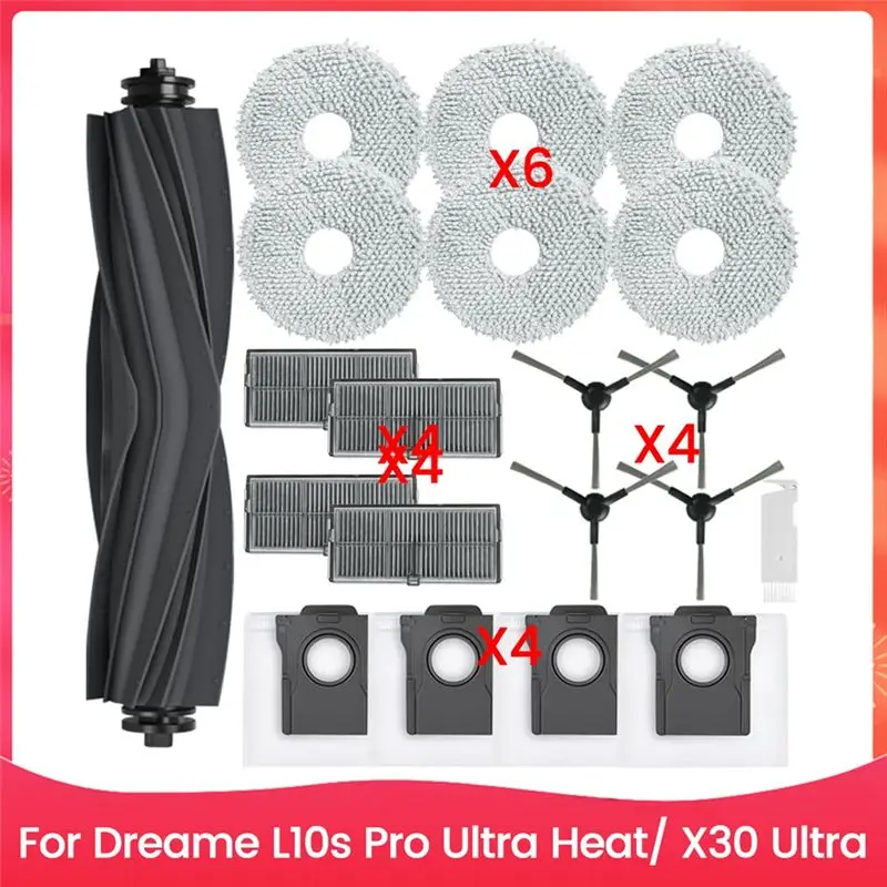 

Аксессуары A98E для Dreame L10s Pro Ultra Heat/X30 Ultra: основная и боковые щетки, HEPA-фильтр, салфетка для влажной уборки, мешки для сбора пыли, запасные части.
