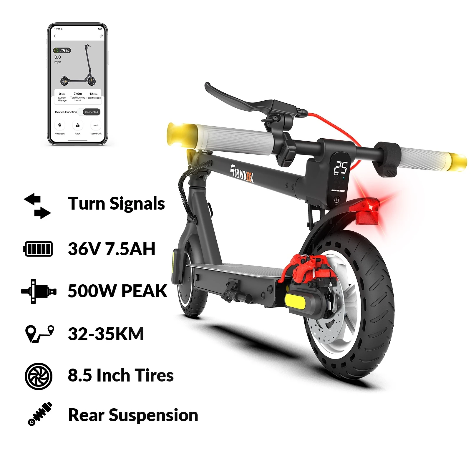 Image of 5TH WHEEL Faltbarer E-Scooter für Erwachsene – 25 km/h Pendler-Elektroroller, 32-35 km Reichweite, 350W Leistung, App-gesteuert, Ein-Sekunden-Faltung, 14,5 kg tragbar