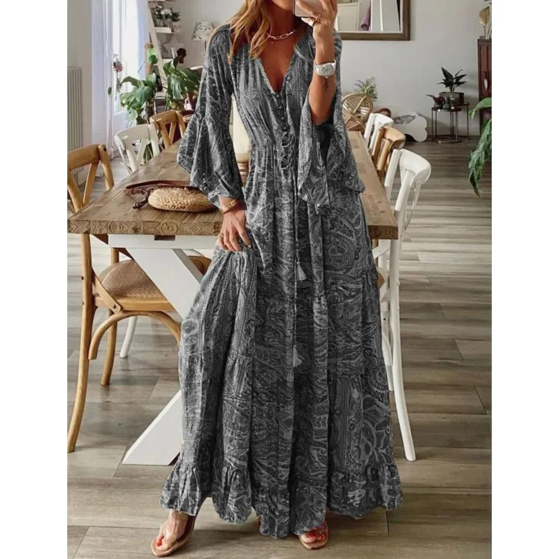 Robe longue de style bohème pour femme, imprimé floral fragmenté, manches évasées, col en V, taille haute, rétro, mode automne