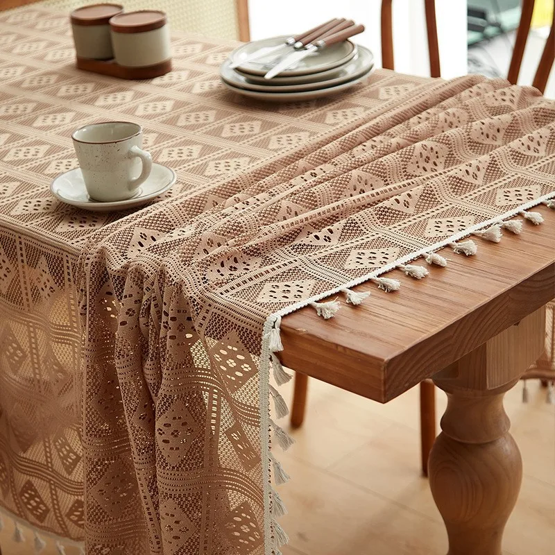 Luxury Crochet Diamond Solid Tablecloth Hollow Non-Slip Lace Table Cover for Wedding Banquet American Wear-Resistant Home Decor